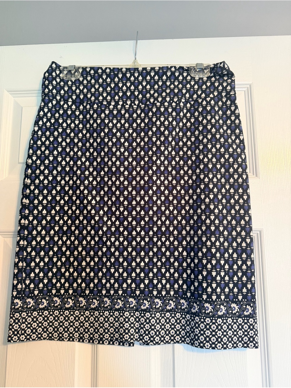 Margaret M Navy and White Printed Pencil Skirt